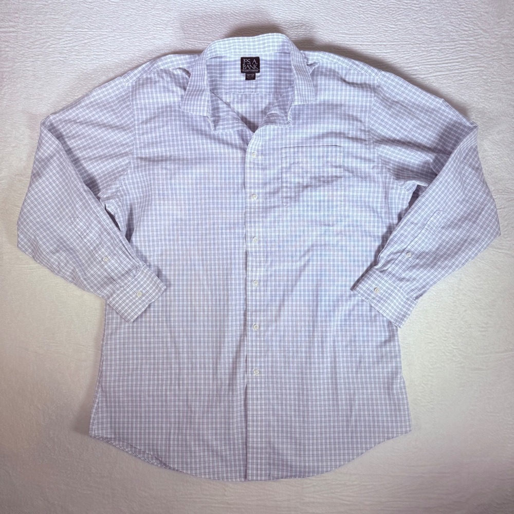 Jos A Bank Traveler Collection Tailored Fit Plaid Dress‎ Shirt 17.5 35 Cotton